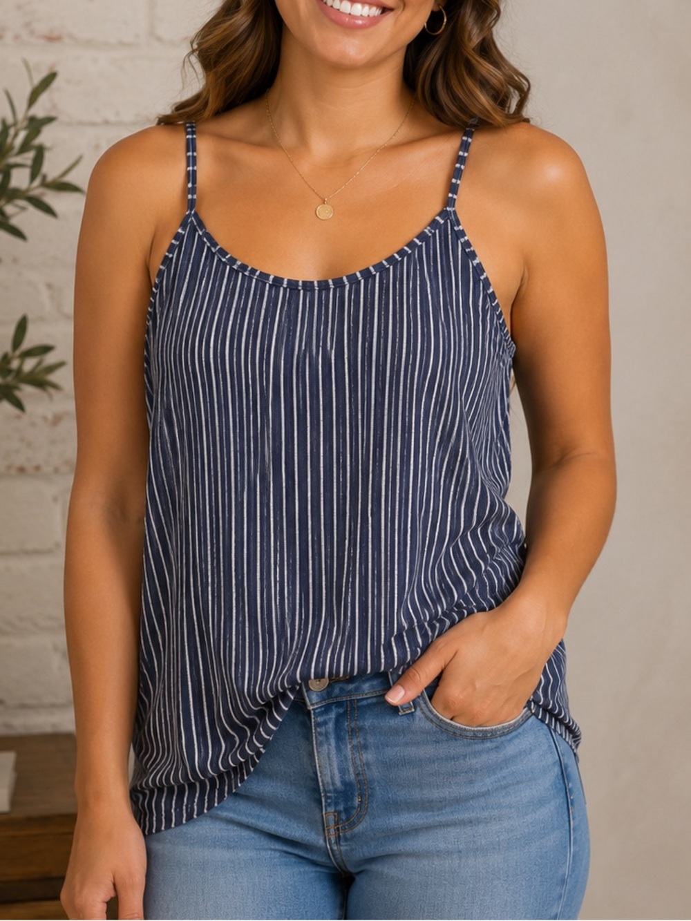 Eberjey Navy and White Striped Spaghetti Strap Tank XL